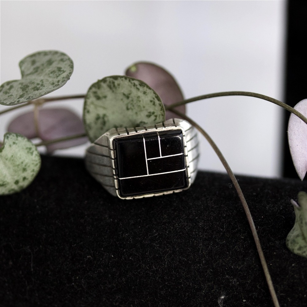 Sterling Silver Black Inlay Geometric Signet Ring Size 13 Modernist Design